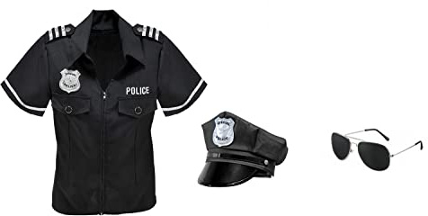 MIMIKRY Damen-Kostüm Police Officer Shirt + Mütze + Pilotenbrille Cop Polizistin Gesetzeshüterin Polizei