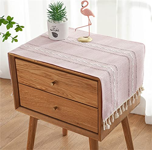 Bedside Table Tassel Cover Cloth Farmhouse Coffee Dresser Runner Top | Striped Table Runner Pastel Nightstand Tablecloth Dresser Scarf for Bedside Table Refrigerator Pink 15.7*35.4 Inch