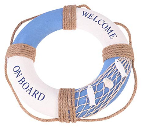 GANAZONO 30 cm Hängender Rettungsring im Mediterranen Stil Willkommen an Bord Rettungsring Handwerk Heimdekoration für Restaurant Café Shop Bar Blauer Fisch