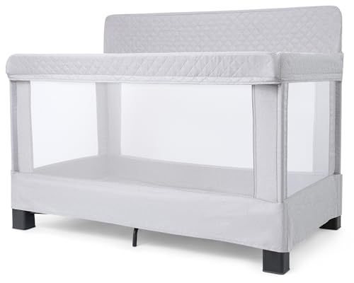 Baby Delight Horizon Full Size Crib, Breathable Mesh Walls, Tool-Free Assembly Baby Bed, Luxe Quilted Easy to Clean Fabric, Grey