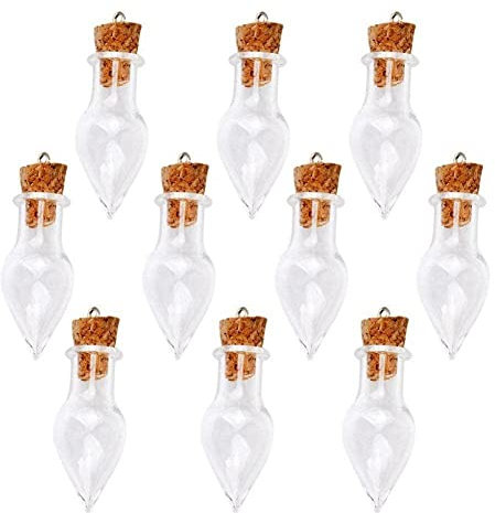 Lot de 10 petits pendentifs en forme de goutte en verre avec fiole en liège MS060