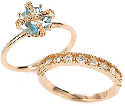 Stfery Rosegold Ring, Ring Damen Krone 18K Eleganz Kreuz Ringe Aquamarin Diamant 1ct Eheringe Verlobungsring Schmuck Geschenke für Frauen