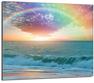 Herdabdeckplatte 60x52 Einteilig Glas Elektroherd Induktion Herdschutz Spritzschutz Glasplatte Deko Schneidebrett, Regenbogen Meer