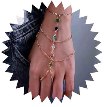 Inateannal Geschichtetes Fingerring-Armband Gold Handkette Harness Armband buntes Kristall Fingerketten Armband Sklavenarmband Regenbogen Kristallring Handgelenk Armband Schmuck für Frauen und Mädchen
