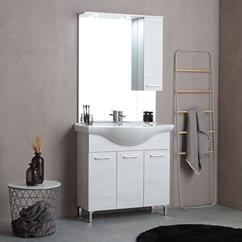 Kiamami Valentina - Mobile Bagno a Terra 85 cm | Lavabo in Ceramica | Specchio con Pensile e Faretti a LED | 3 Ante | Mobile Bagno Completo Moderno, Quercia Bianco, 85 CM