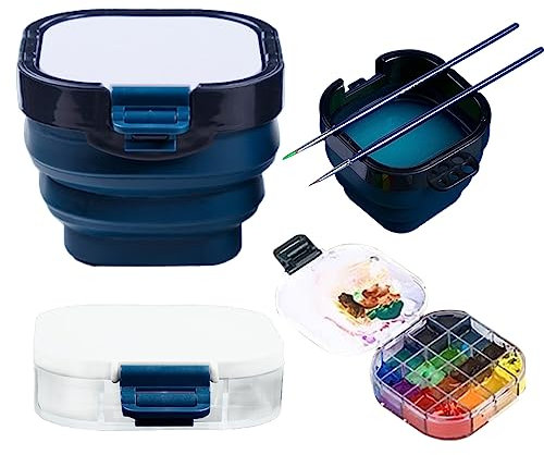 OKUYAN Paint Palette Box with Foldable Paint Brush Washer Portable 16 Wells Airtight Paint Saver Multifunctional Travel Paint Palette Box with Lid for Watercolor Oil Painting Acrylic Gouache (Blue)