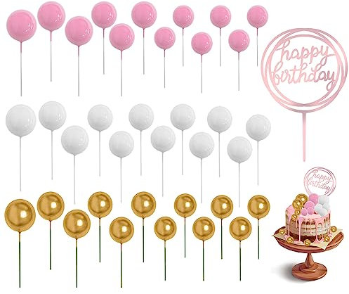 TAFACE 36 Pezzi Plug-in per Palline per Torte e 1 Topper per Torte di Compleanno Palline di Schiuma di Perle Topper per Torte Fai-da-Te per Decorazioni da Forno Festa di Compleanno (Oro Rosa Bianco)