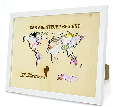 Bilderrahmen Geldgeschenk, Weltkarte Spardose Reise Geldgeschenk Hochzeit, Hochzeitsgeschenk zur Personalisierung, Geldgeschenke Verpackung Echtholz Bilderrahmen