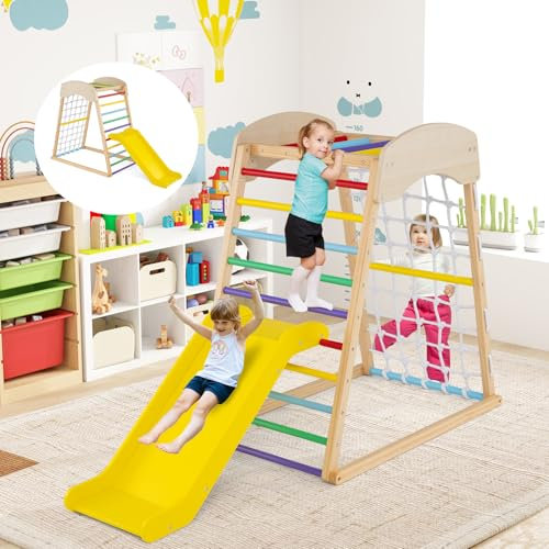 GOPLUS 4 en 1 Triangle d’Escalade Montessori, Triangle Escalade avec Toboggan et Filet d’Escalade Aire de Jeux Montesorri, Charge 50KG pour Enfants 1 an+ (Multicolore)