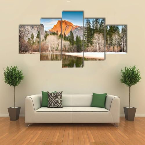 RAPSANI Bilder Abstrakt 5 Teilig Wandbild XXL Half Dome im Merced River Leinwand Bild Wandbilder Wohnzimmer Wohnung Kunstdrucke Modern Wandbilder Design Abstrakt Poster Wanddekoration 150x80cm