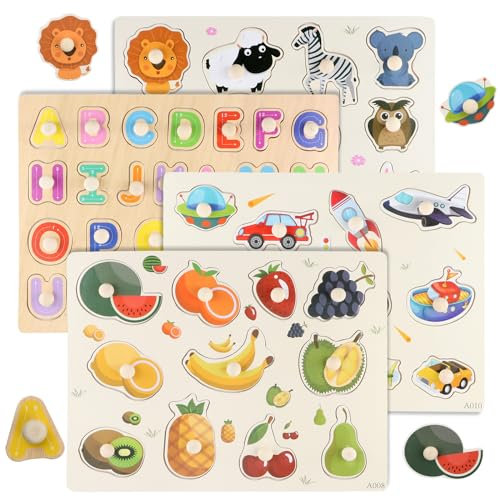 4er Set Kinder Holzpuzzle, Kleinkinder Spielzeug ab 2 3 Jahre, Lernspielzeug Kinderspielzeug 2 3 Jahre, Puzzle ab 3 Holzpuzzle, Steckpuzzle für Jungen und Mädchen（Tier Alphabet Transport Frucht）