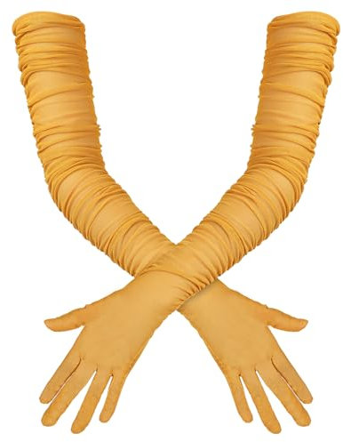 Lasuroa Lange Stretch-Falten Handschuhe für Damen - Sexy Transparente Tüll Opernhandschuhe für 1920er-Jahre, Weihnachts-, Halloween-Kostümparty (Gold)
