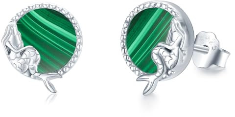 Silber Meerjungfrau Ohrringe - Malachit Ohrstecker rund Hypoallergen - Schmuck für Damen, Mädchen & Kinder - 8 mm