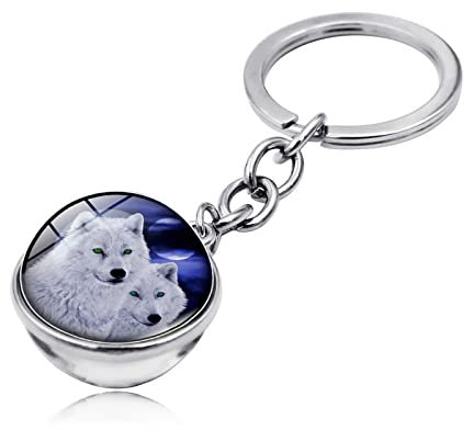 Porte Clés 2 Pièces De Porte Clés Loup Animal Double Face Verre Boule De Sac Pendentif Gris