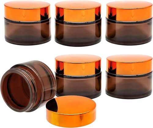 FORYNXHWIN Lot de 6 bocaux en verre ambré, pots teintés de 50 ml, avec bouchon à vis et doublure, récipients vides rechargeables, pour cosmétiques, crèmes, lotions, huiles essentielles