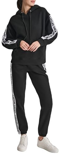 DKNY Damen Long Sleeve Oversized Logo Tape Fleece Hoodie Sweatshirt, Schwarz, Large
