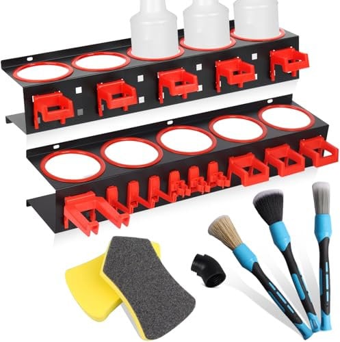 Spray Bottle Holder, 2 Wall Mounted Spray Can Rack, Detailing Bottle Holder, Space Saving Garage Organiser with Hooks & Brushes Set, Steel Shelf Organiser for Vans Garage Car Shop Workshop Workplace