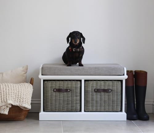 Tetbury White Storage Bench, 2 Baskets, Grey Cushion | Fully Assembled Hallway Seat, 2-Seater W76cm H46cm D40cm (white-G)