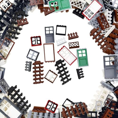 Cabeeskii Bausteine ZubehöR, 176 Teile Türen Und Fenster Set, Haus Bauernhof Bausteine ZubehöR TüRen, Fenster, Zaun Und Treppe Set Kompatibel Mit Allen FüHrenden Marken