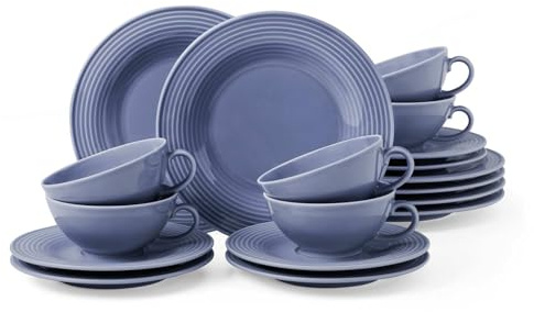 Seltmann Weiden Beat Color Glaze Teeservice 18-teilig | Brotteller (17 cm), Teetassen (140 ml) und Teeuntertassen (14 cm) für 6 Personen | Geschirr mit Rillenrelief | Porzellan | Fliederblau