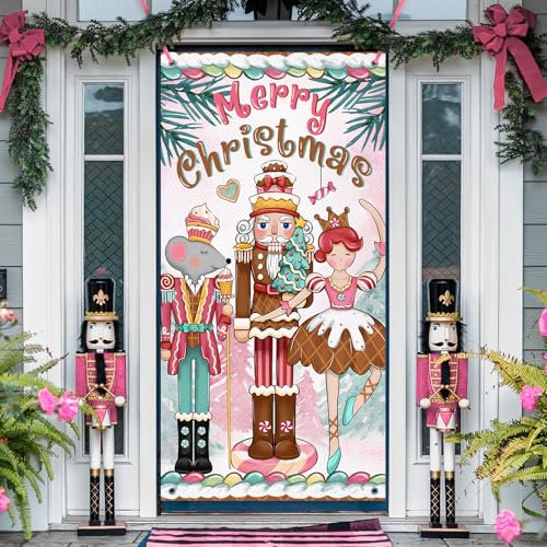 Deroro Merry Christmas Nutcracker Door Cover Decorations, Xmas Waffle Cake Front Door Banner Background, Funny Holiday Wreath Indoor Outdoor Home Decor 3 x 6 FT