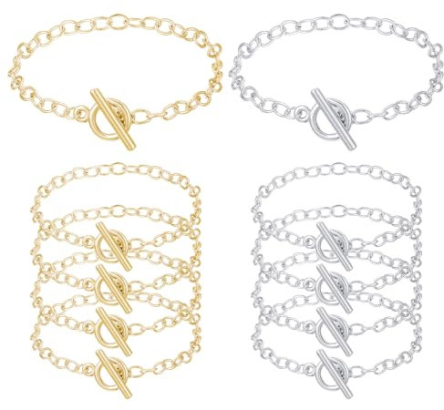 10Pack Bracelet Chains for Jewelry Making 7.6 Gold & Silver Chain for Jewelry Making with OT Buckle Link Round Link Chain Bracelet for Women DIY Gifts