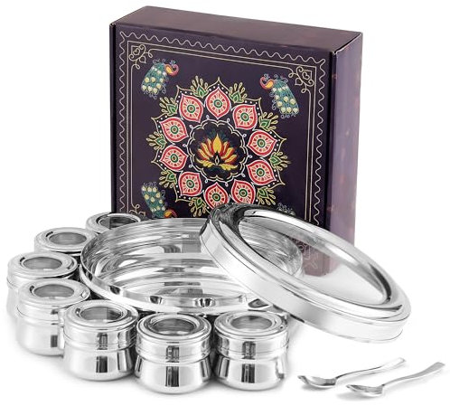 KSJONE Large 22cm Premium Spice Tin Masala or Dry Fruit Storage Box | 7 Spice Jars with Lids | Holds 7 Spices | Polished Stainless Steel with 2 Serving Spoons & Clear Acrylic Lids | Spice Box