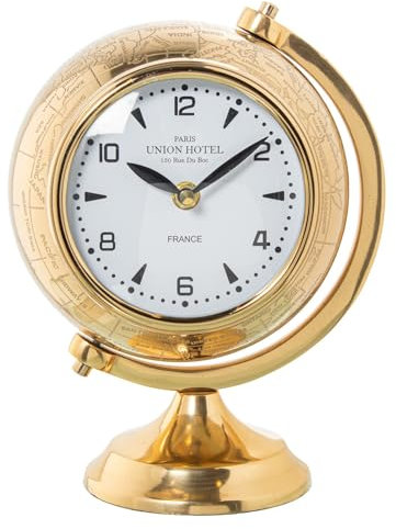 DRW Drehbare Tischuhr aus Messing und Globus, goldfarben, glänzend, 24 x 16 x 20 cm