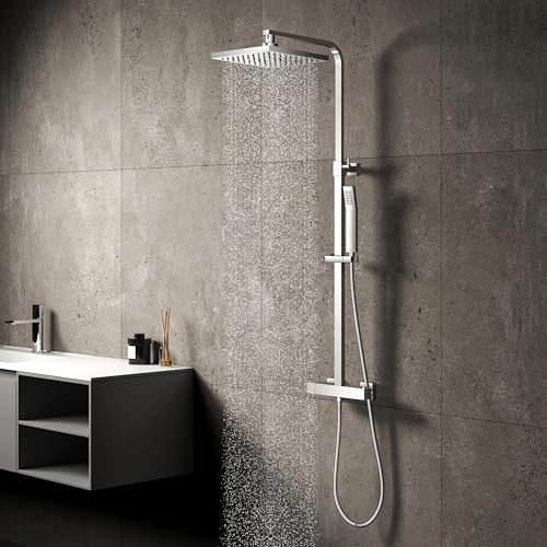 KOMIRO Colonne de Douche Thermostatique, Ensemble de Douche pour Salle de Bain, Mitigeur Thermostatique, Réglable en Hauteur, Chrome, Carré (style1)