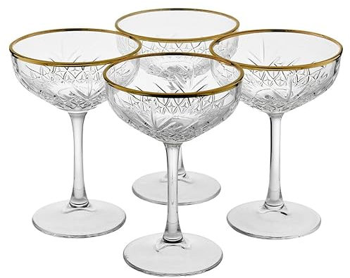 Queensway Home & Dining 255ml Stemmed Champagne Glasses Set with Gold Rim, Elegant Glassware for Sparkling Wine, Cocktails, Perfect for Parties, Weddings and Special Occasions (Set of 4)