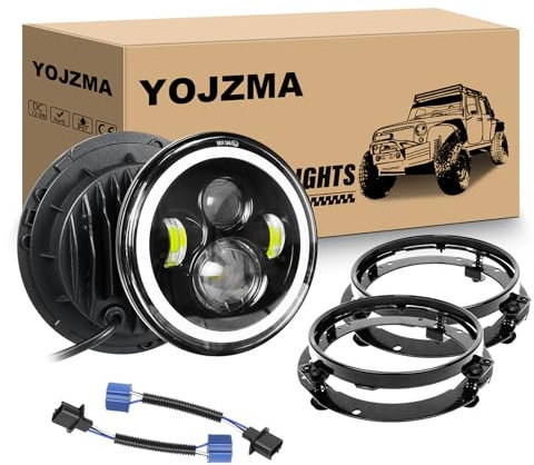 YOJZMA 2 STÜCKE 7 Zoll runder LED-Scheinwerfer, 4 LED-Motorradscheinwerfer, weißes Tagfahrlicht, Fern-/Abblendlicht, Bernstein Halo-Blinker für Wrangler JK TJ LJ CJ Motorrad Davidson mit Halterungen