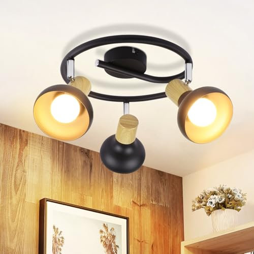 Deboola Deckenlampe 3 Flammig Deckenleuchte Vintage - Schwarz Flurlampe Rund Metall 350°Schwenkbar Design Wohnzimmerlampe 25CM Industrial E14 Deckebeleuchtung für Flur Schlafzimmer Wohnzimmer Küche