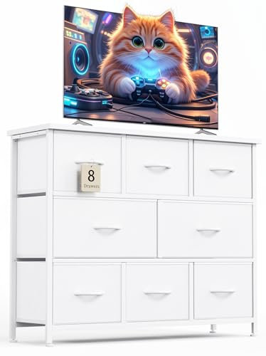 MUTUN Chest of Drawers, Dresser for Bedroom with 8 Drawers, Fabric Drawer Cabinet with Easy Pull Handle, Dressers with Wood Top and Sturdy Steel Frame for TV Stand, White