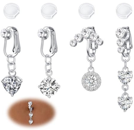 AVYRING 4 Pezzi Gioielli per Piercing Ombelico Finto, Clip Argentati per Donne, Anelli per Ombelico in Acciaio Chirurgico 316L, con Cuore e Farfalla