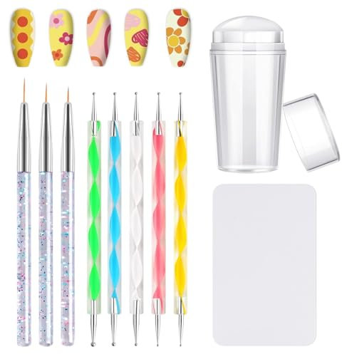 EBANKU Nail Stamper Kit, French Double Sided Silicone Stampers with 3PCS Nail Detail Brush Set Nail Art Brush Pen, 5PCS Nail Dotting Pen, Nails Art Design Manicure Tools