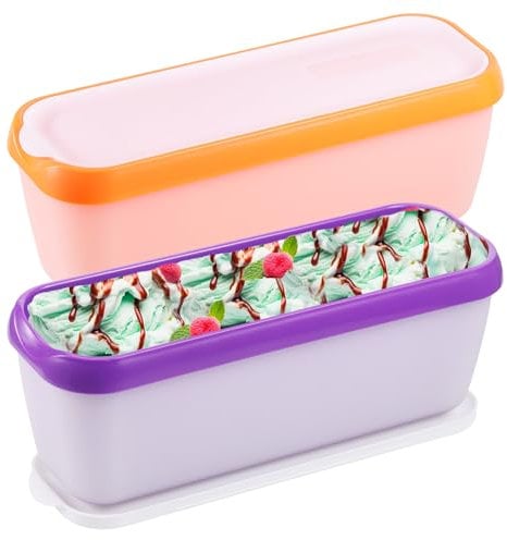 Huiguli 2 Pack Ice Cream Containers 1.5L, Long Ice Cream Tub with Lids & Non-Slip Base, Reusable Freezer Food Storage Containers for Homemade Gelato Frozen Yoghurt Sorbet BPA-Free