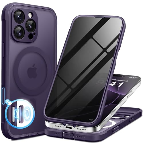 BERFY for iPhone 16 Pro Case, Compatible with MagSafe,Purple | Built-in Privacy Screen Protector, Full Camera Protection, Shockproof Full Body Magnetic Clear Phone Case 6.3