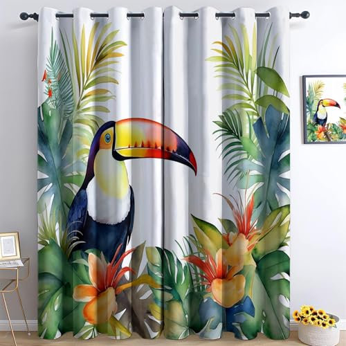 Verdunkelungsvorhänge 3D Aquarellmalerei Tukan Palmblätter Ösen Vorhang 2Er Set H229 x B117 cm Verdunkelungsvorhang Blickdicht Fenstergardinen Kinderzimmer Schlafzimmer Wohnzimmer Thermovorha