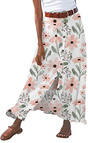 Jupe Lin Femme Taille Haute- Jupe Ete Femme Fente avec Boutons Couleur Unie DéContractéE Jupes Mi Longue Chic Pas Cher Grande Taille Léger Fluide Coton Et Lin De Plage Voyage Vacances Quotidien