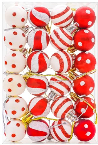 24PCS 3cm Christmas Tree Baubles, Xmas Balls for Tree Decorations, Red and White Mini Christmas Bauble Ornaments Set, 5#