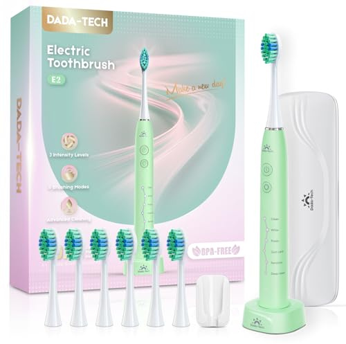 Elektrische Zahnbürste Schallzahnbürste für Erwachsene und Kinder Electric Toothbrush mit Reiseetui, 7 Zahnbürstenköpfen, 6 Modi & 3 Intensitätsstufen, 2-Min Timer Ultraschall Zahnbürsten (Grün)