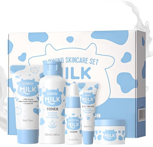 Milk Skincare Set, Milch-Gesichtspflege Set für Teenager-Mädchen und Frauen, Feuchtigkeitsspendende und Sanfte Hautpflege Set, Skin Care Geschenkset für alle Hauttypen (5pcs, Milch)