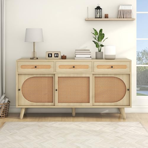 BTM Sideboard aus Holz, 140 cm lang, mit PE-Kunststoff-Rattantür und verstellbaren Einlegeböden, 3 Schubladen, Sideboard mit 3 Schiebetüren
