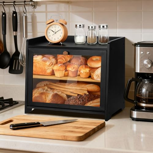 WRENYZK Double Decker Bamboo Bread Bin with Clear Glass Window Door | Large Black Bread Storage Box for the Kitchen, 2-Layer Bread Container for Croissants and Other Breads (39 x 24.5 x 32.8 cm)
