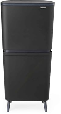 Brabantia Poubelle tri sélectif SortUp Hi 20+25 litres (Gris Foncér), Poubelle cuisine 2 bacs et seaux amovibles, Système de tri des déchets haut et étroit pour la cuisine, couvercle à fermeture douce