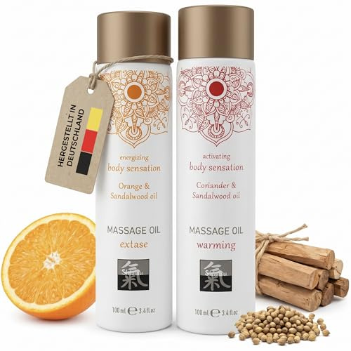 SHIATSU Massageöl Bundle 2x100ml I Orange & Sandelholz + Wärmendes Koriander & Sandelholz I Hautglättend, entspannend & schnell einziehend I Natürliche Pflege & Düfte