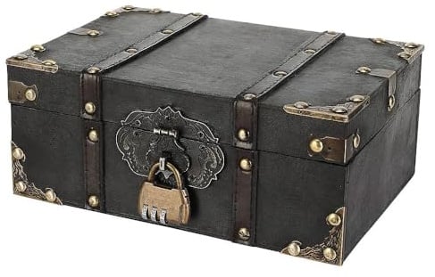 Alitree Vintage Schatztruhe aus Holz mit Zahlenschloss, 24x17x10cm | Schatzkiste Holztruhe Aufbewahrungskiste Piraten-Motiv für Kinder Schatzsuche Geburtstag Deko Geschenk