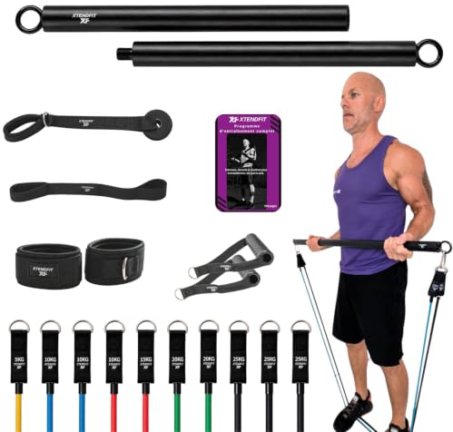 Kit Musculation Élastique Complet XTENDFIT - 10 Bandes Résistance 170kg + Barre Renforcée - Entraînement Full Body Maison, Débutant à Confirmé, Fitness sans Salle.