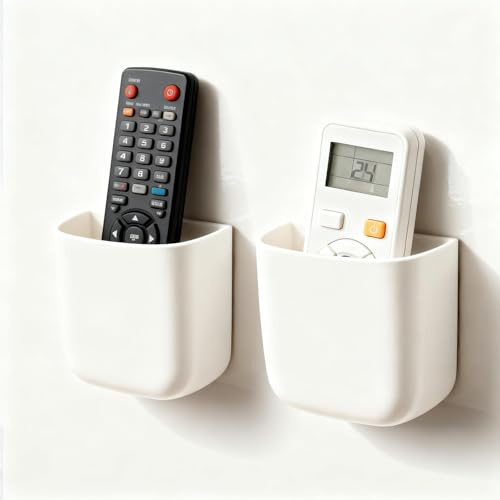 PAVSTINE Small Remote Control Holder Wall Mount, 2 Pcs TV Remote Holder Adhesive, Multi-functional Media Player Controller Storage Caddy Box, Organiser Tray for TV Remotes & Phone Chargers, White