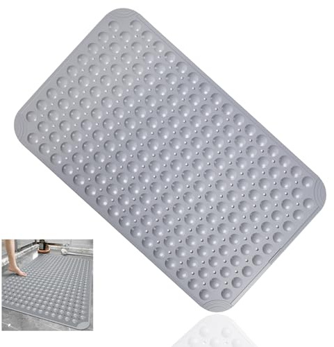 Non Slip Extra Large Shower Mat, 60 x 90 cm Anti Mould Long Bath Mat TPE Shower Mats for Inside with Drain Holes and Suction Cups (Gray)